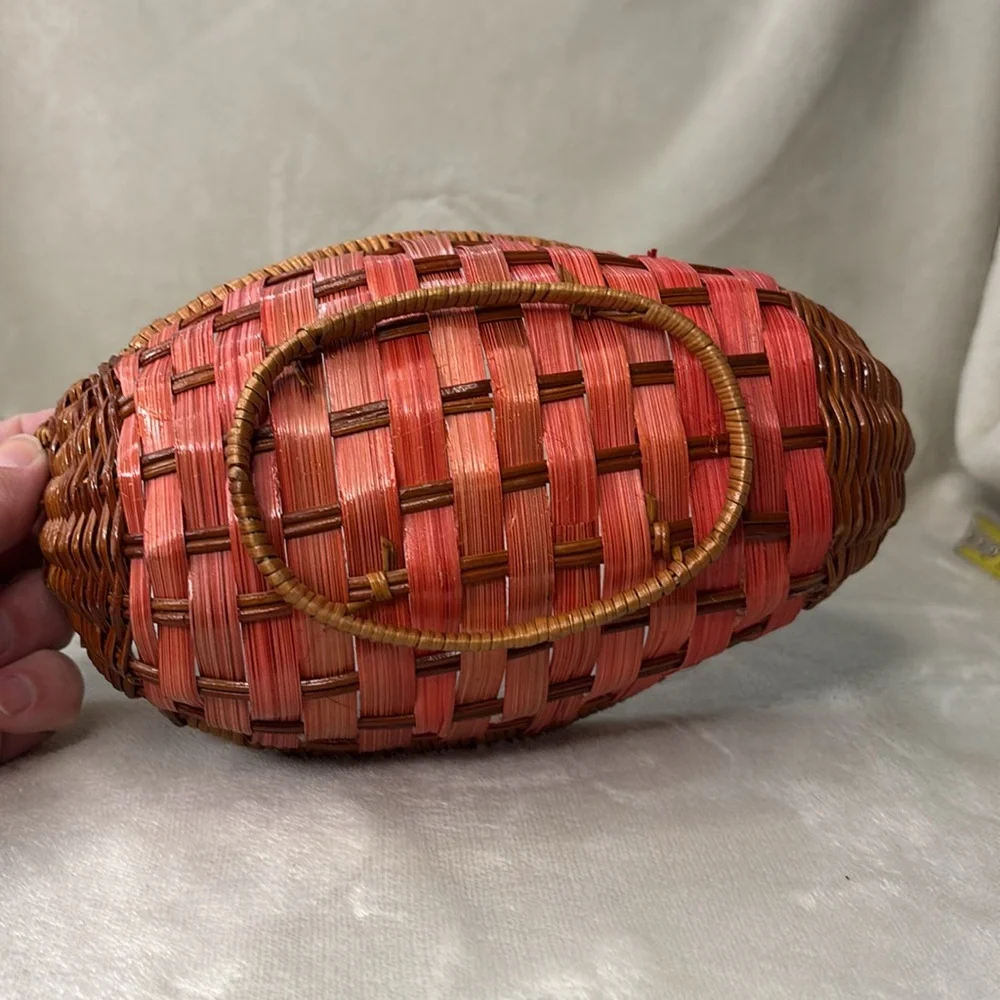 Vintage Woven Wicker Duck Basket Pink and Brown with Wood Bill Key Holder Shelf